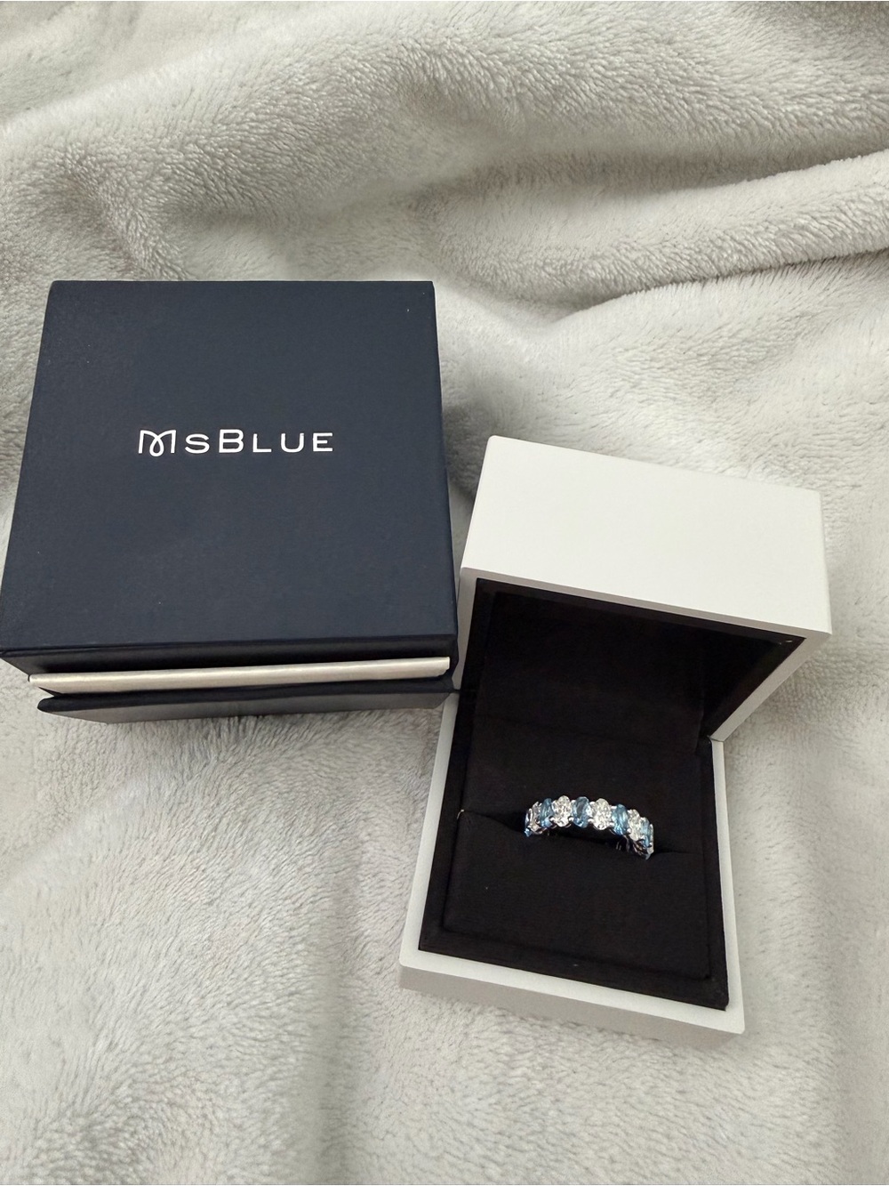 MSBLUE Lab Grown White Sapphire and Aquamarine Eternity Band, Wedding Ring